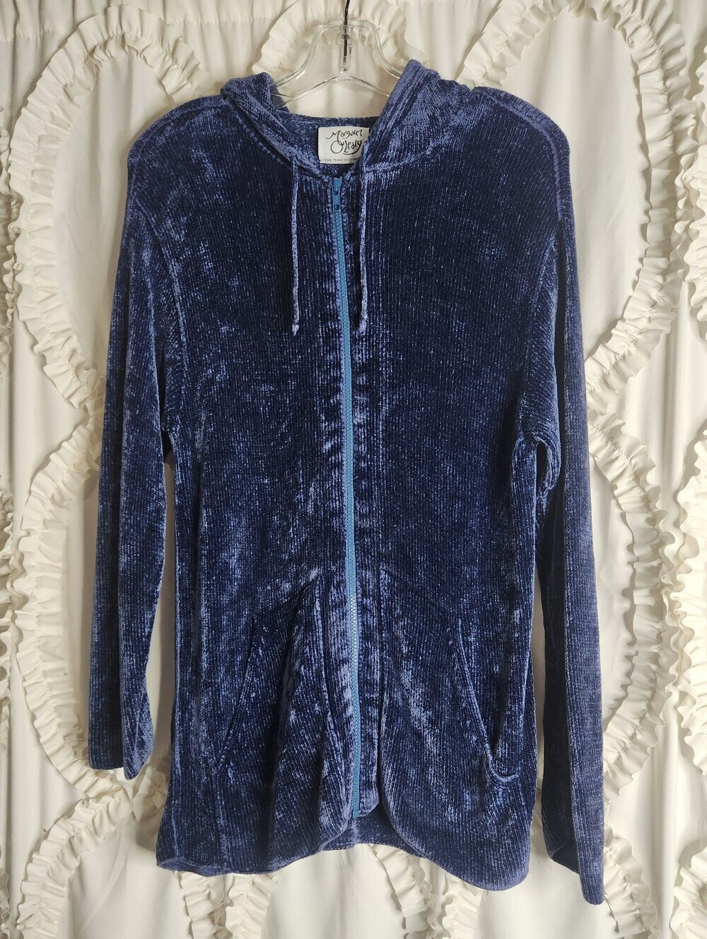 Margaret O'Leary Chenille Front Cardigan Sweater Zip Closure Slouchy Blue Size 6